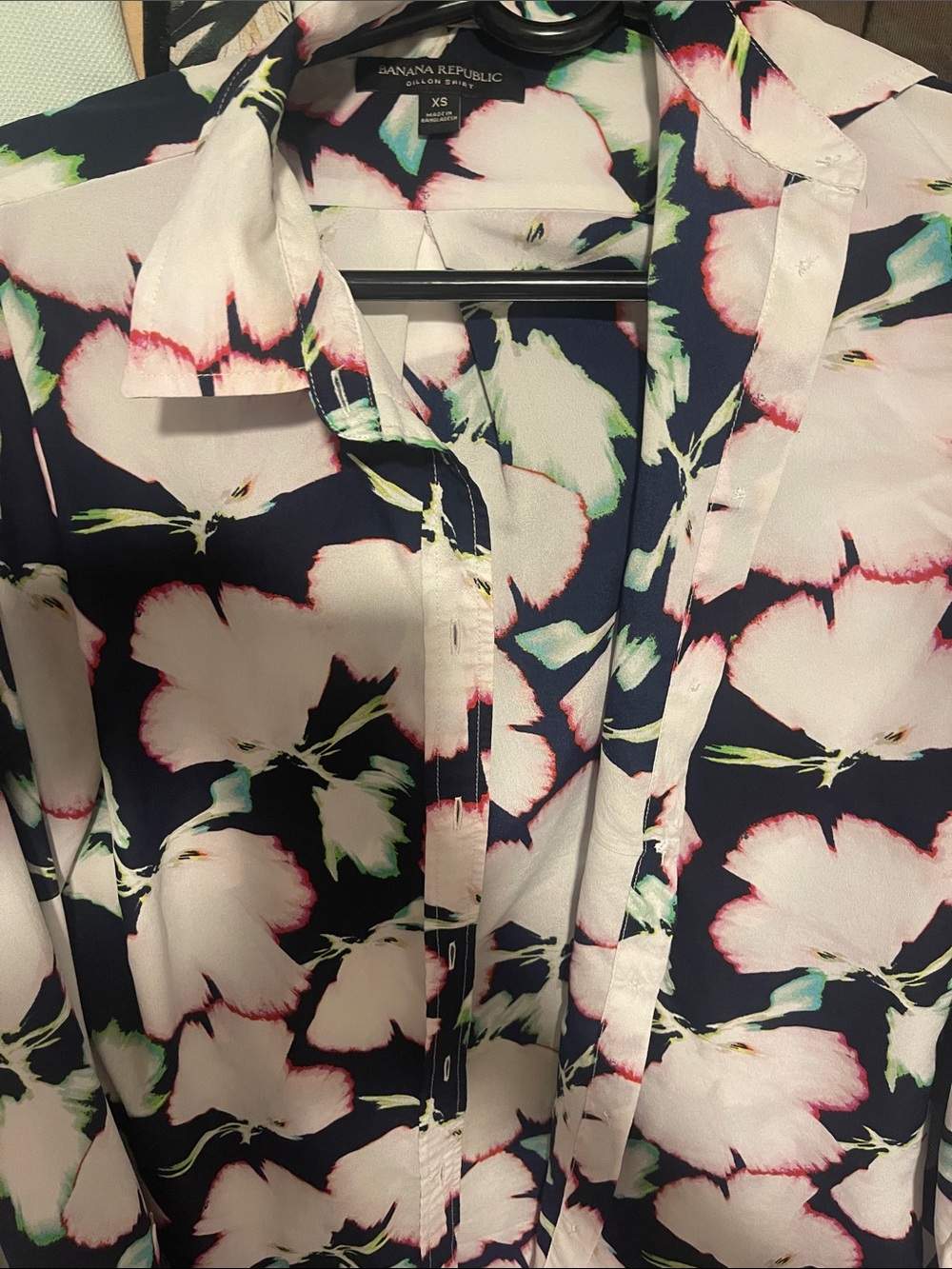 Banana Republic Navy Floral Button-Down Blouse with White & Pink Accents